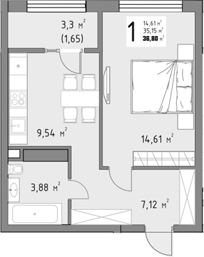 1-комн., 35.15 м², 9/15 этаж, ЖК «Коллекция»