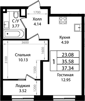 2-комн., 35.58 м², 4/9 этаж, ЖК «Патрики»