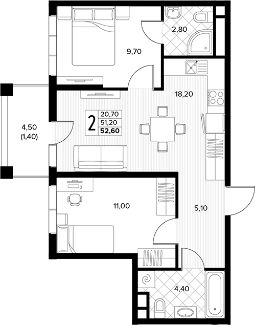 2-комн., 51.2 м², 6/6 этаж, ЖК «Кипарис»