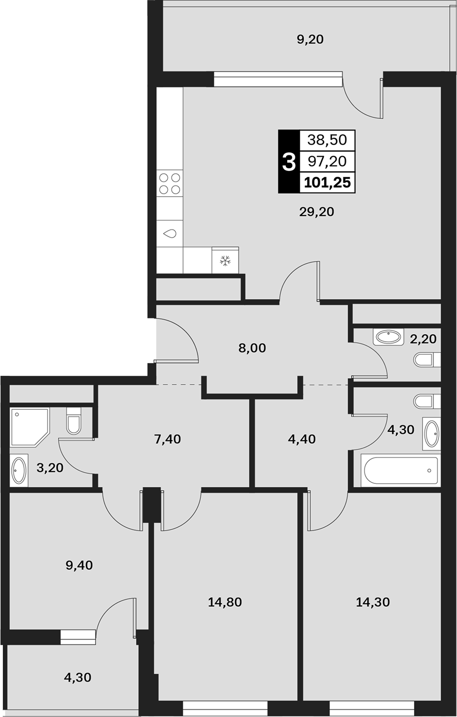 3-комн., 97.2 м², 9/9 этаж, ЖК «Аксис Патриот»