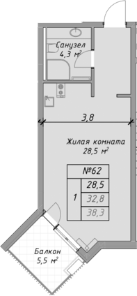 Студия, 32.8 м², 3/4 этаж, ЖК «Оазис Азова»