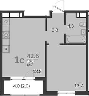 2-комн., 40.6 м², 18/24 этаж, ЖК «Все Свои VIP»