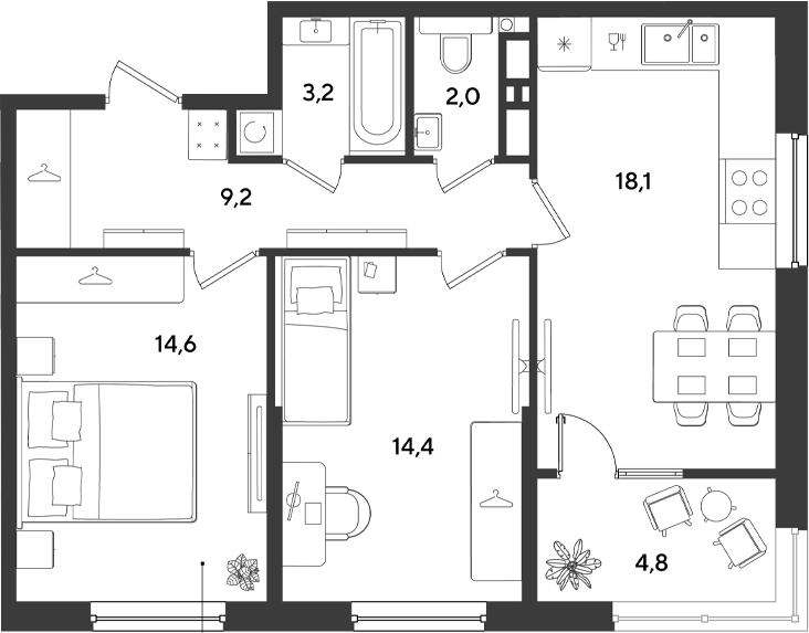 2-комн., 61.5 м², 3/18 этаж, ЖК «Ридз»