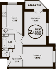 2-комн., 53.91 м², 16/24 этаж, ЖК «Гулливер»