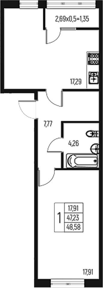 Продается 1-комн. квартира, 47.23 м²
