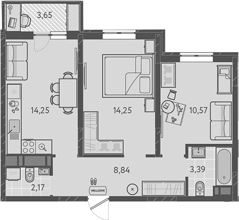 2-комн., 53.47 м², 5/9 этаж, ЖК «Теплые края»