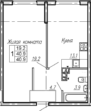 1-комн., 40.9 м², 1/4 этаж, ЖК «Эво»