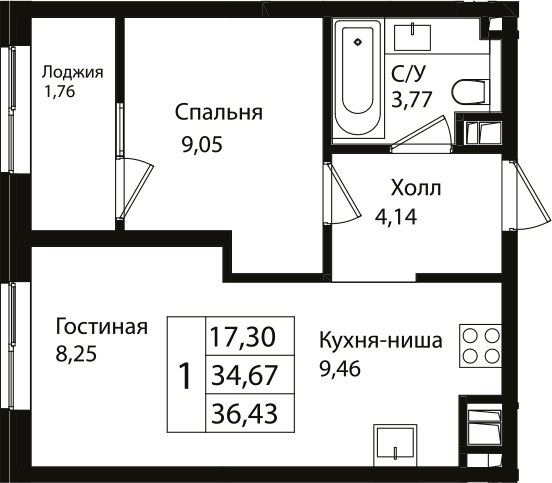 2-комн., 34.67 м², 4/16 этаж, ЖК «Патрики»