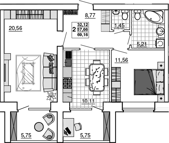 2-комн., 57.66 м², 1/5 этаж, ЖК «Новый Город. СЗ Премьерстрой»