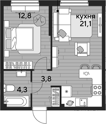 1-комн., 42 м², 2/16 этаж, ЖК «DОГМА ПАРК»