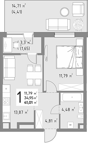 Продается 1-комн. квартира, 34.95 м²