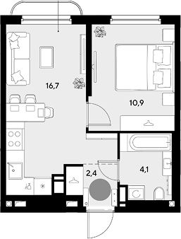 1-комн., 34.1 м², 6/9 этаж, ЖК «Грейд»