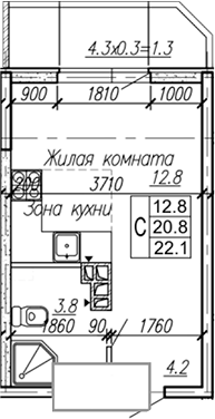 Студия, 20.8 м², 3/4 этаж, ЖК «Дзенпарк»