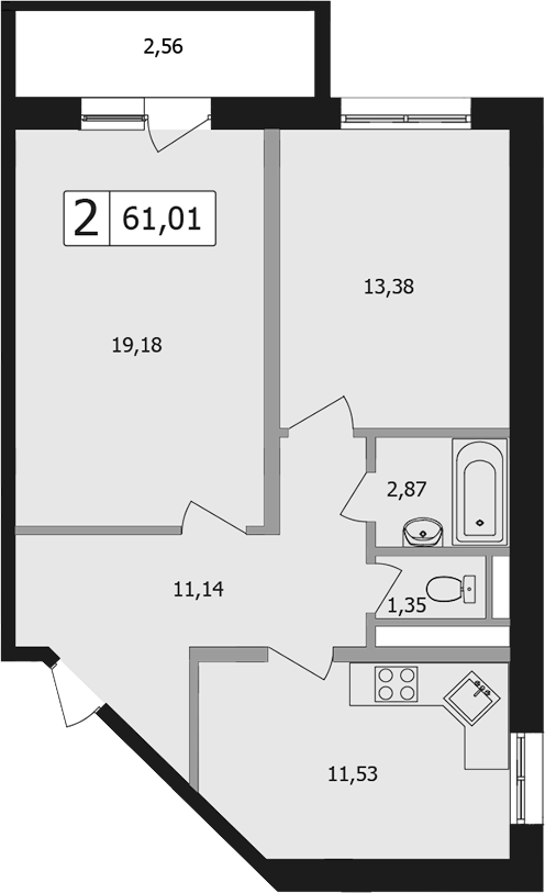 2-комн., 59.3 м², 1/16 этаж, ЖК «Жемчужина»