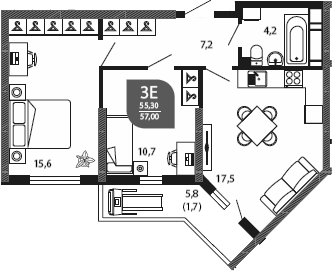 3-комн., 55.3 м², 23/23 этаж, ЖК «Облака»