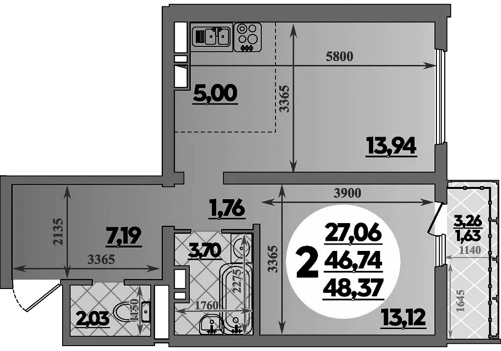 2-комн., 46.74 м², 16/16 этаж, ЖК «Город у моря»