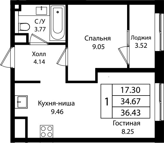 2-комн., 34.67 м², 13/16 этаж, ЖК «Патрики»