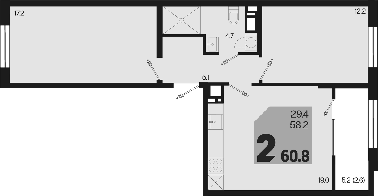 3-комн., 58.2 м², 17/18 этаж, ЖК «Первое место»