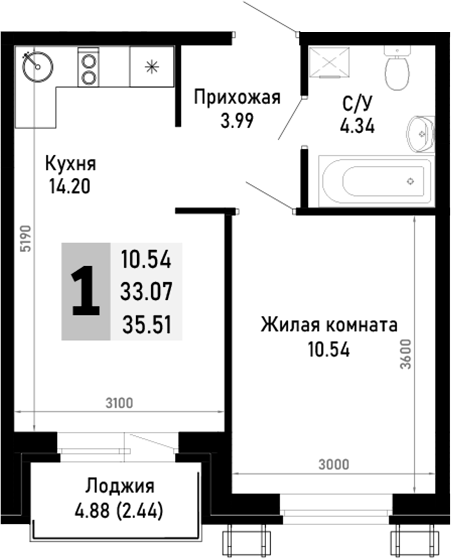 1-комн., 33.07 м², 1/4 этаж, ЖК «Усадьба Гостагаевская»