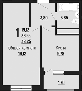 1-комн., 36.55 м², 22/24 этаж, ЖК «Славянка»