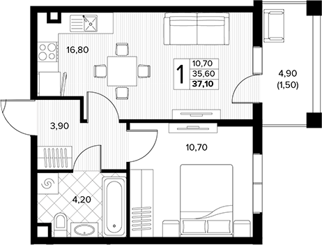 1-комн., 35.6 м², 1/7 этаж, ЖК «Кипарис»