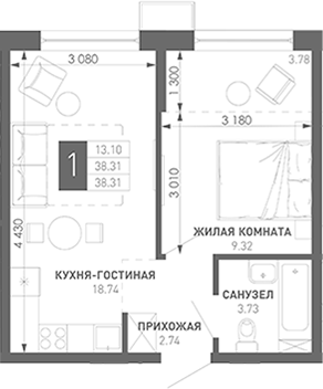 1-комн., 34.53 м², 5/9 этаж, ЖК «Иначе в Молодежном»
