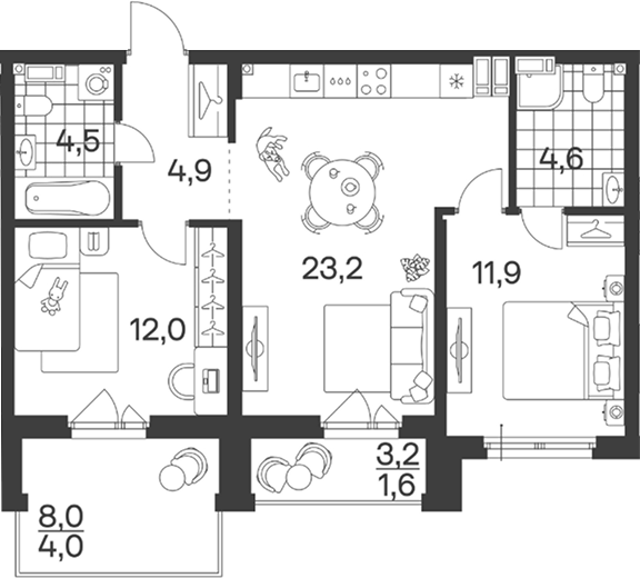 3-комн., 61.1 м², 4/7 этаж, ЖК «Символ. ГК Трест»