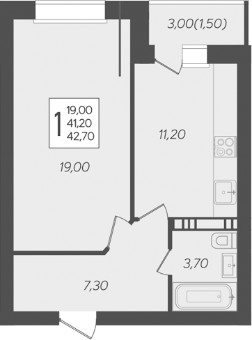 1-комн., 41.2 м², 1/6 этаж, ЖК «Ярославский»