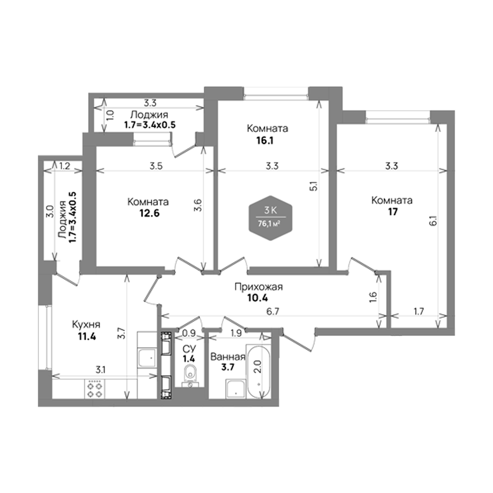 3-комн., 72.7 м², 8/21 этаж, ЖК «Бауинвест»