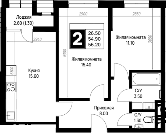 2-комн., 54.9 м², 9/9 этаж, ЖК «На высоком берегу»