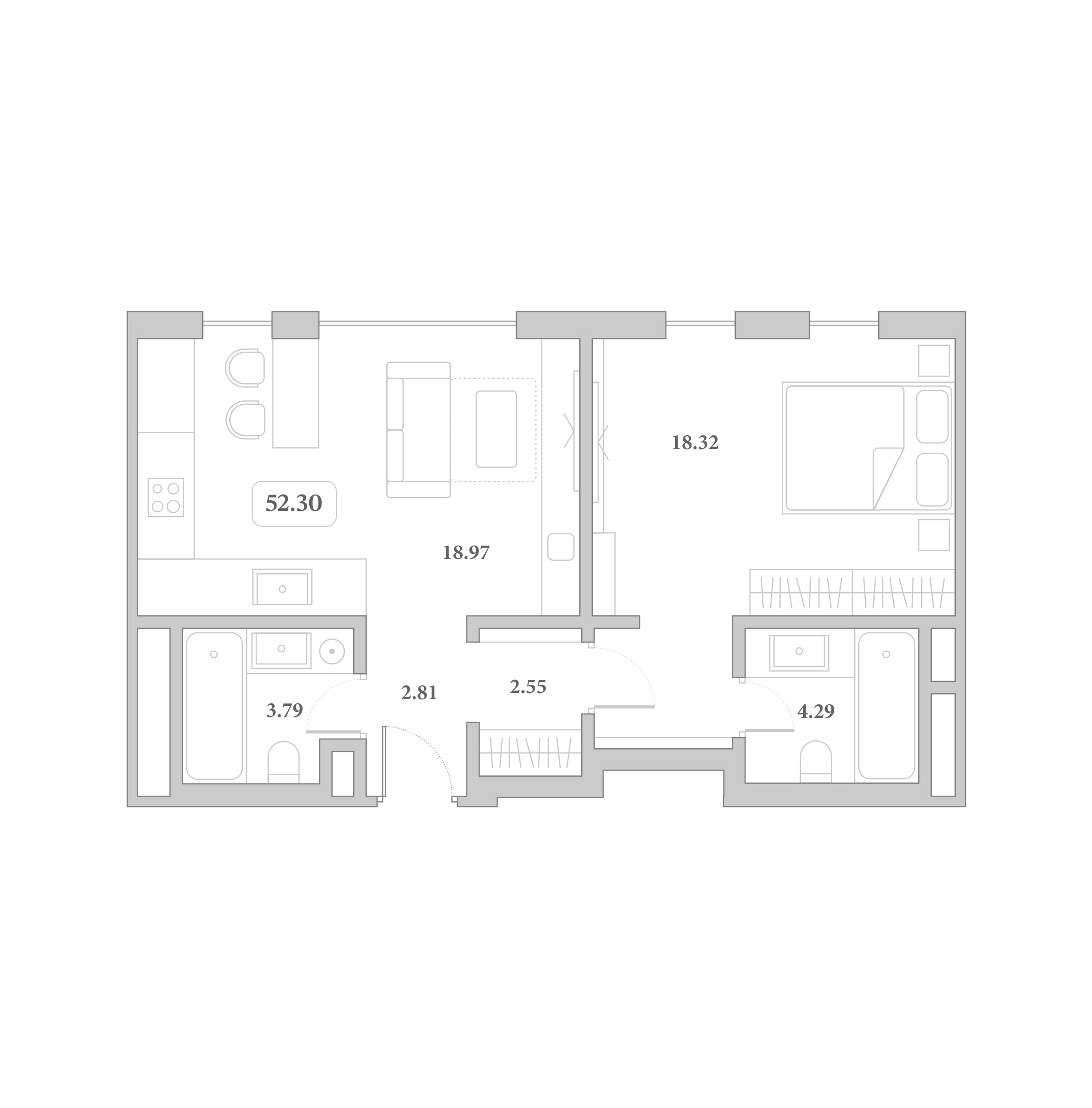 2-комн., 52.3 м², 5/7 этаж, ЖК «Граф Толстой»