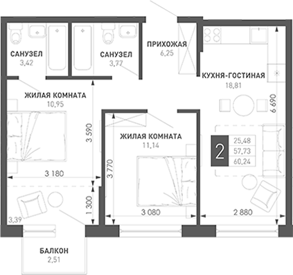 Продается 2-комн. квартира, 60.9 м²