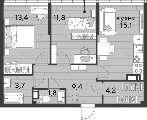 2-комн., 59.4 м², 15/16 этаж, ЖК «DОГМА ПАРК»