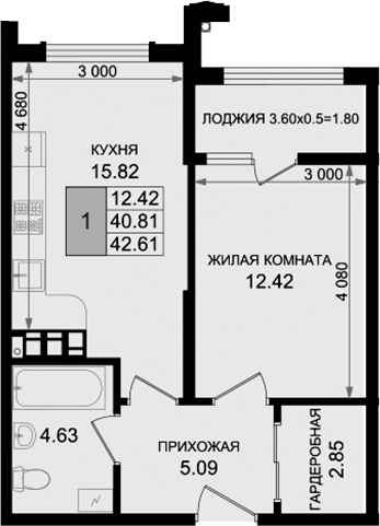 1-комн., 40.81 м², 4/8 этаж, ЖК «Резиденция морей»