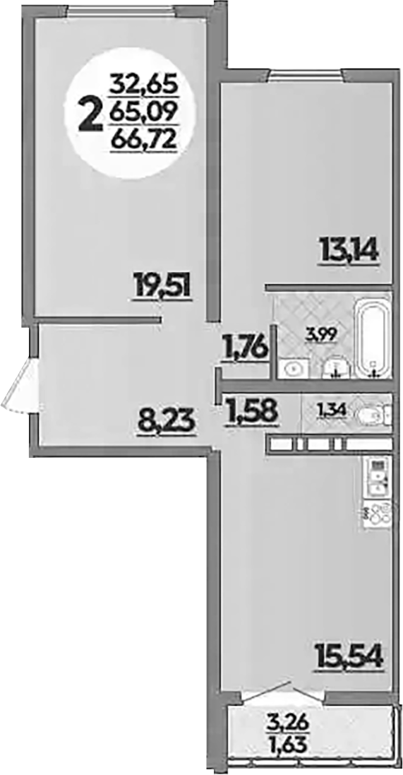2-комн., 65.09 м², 15/16 этаж, ЖК «Город у моря»