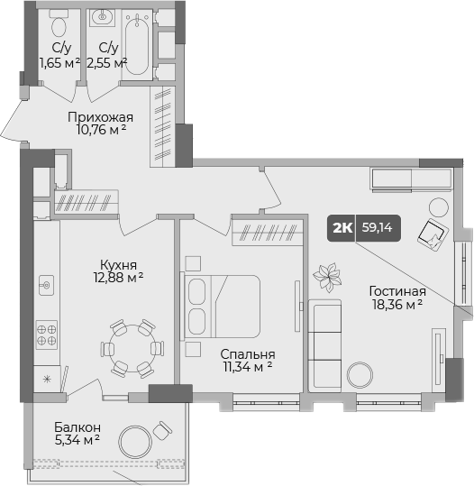 2-комн., 57.06 м², 2/17 этаж, ЖК «Золотой берег. СЗ Среда»