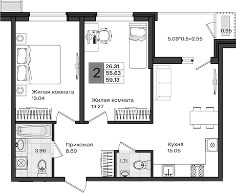 2-комн., 55.63 м², 5/8 этаж, ЖК «МОНО квартал»