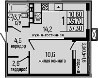 1-комн., 35.7 м², 11/13 этаж, ЖК «Звезды»