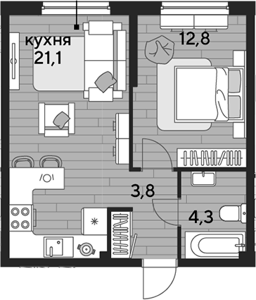 1-комн., 42 м², 2/16 этаж, ЖК «DОГМА ПАРК»
