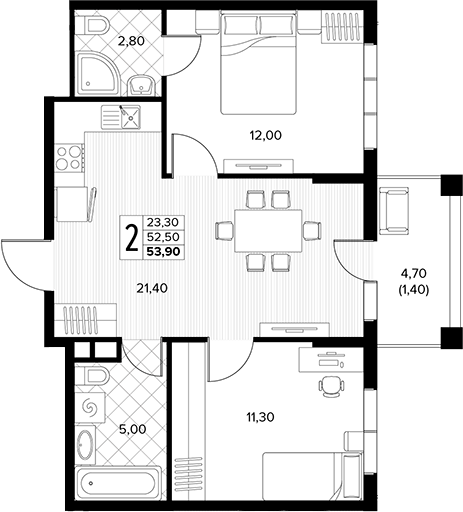 2-комн., 52.5 м², 7/7 этаж, ЖК «Кипарис»