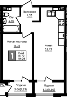 1-комн., 45.7 м², 6/18 этаж, ЖК «Резиденция морей»
