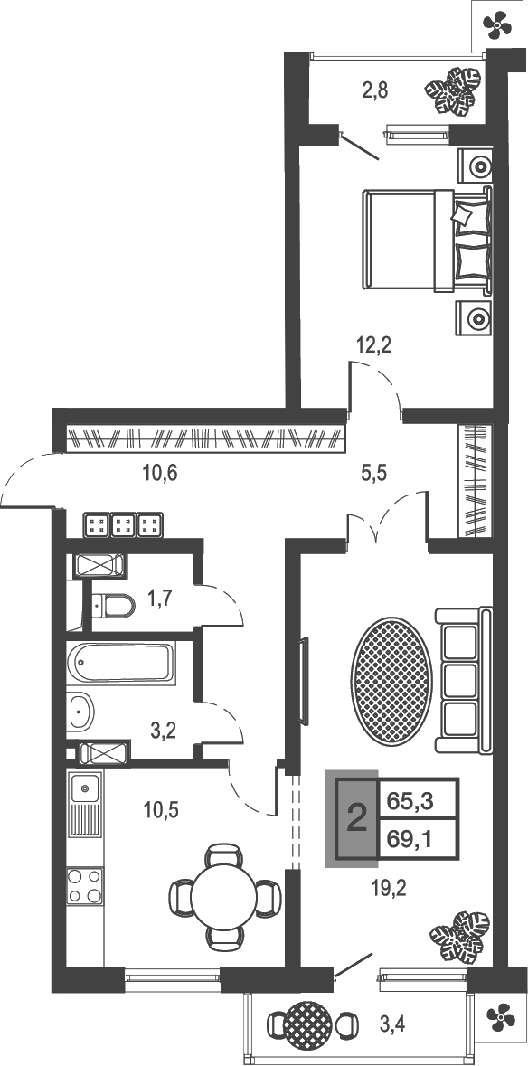 2-комн., 62.88 м², 13/19 этаж, ЖК «Дом у озера»