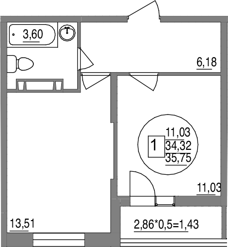 1-комн., 34.32 м², 3/12 этаж, ЖК «Друг»