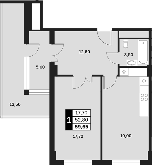 1-комн., 52.8 м², 13/15 этаж, ЖК «Аксис Патриот»