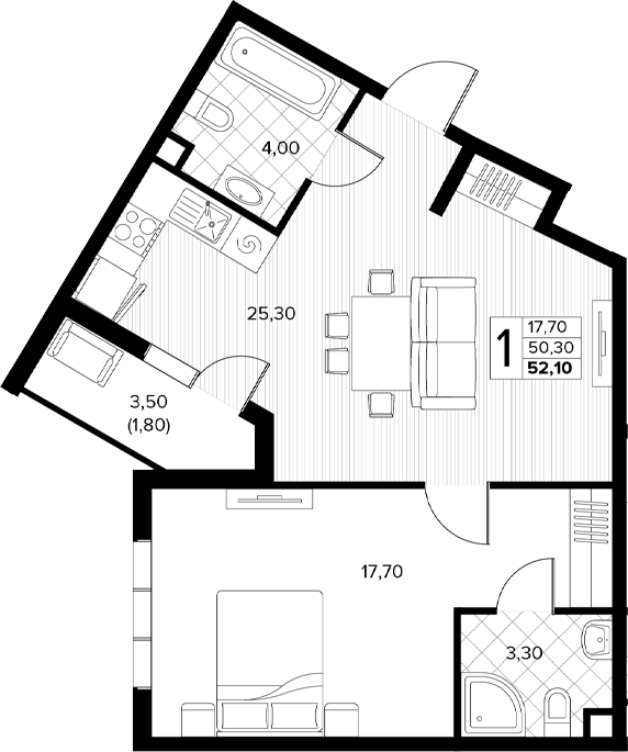 1-комн., 50.3 м², 2/8 этаж, ЖК «Кипарис»