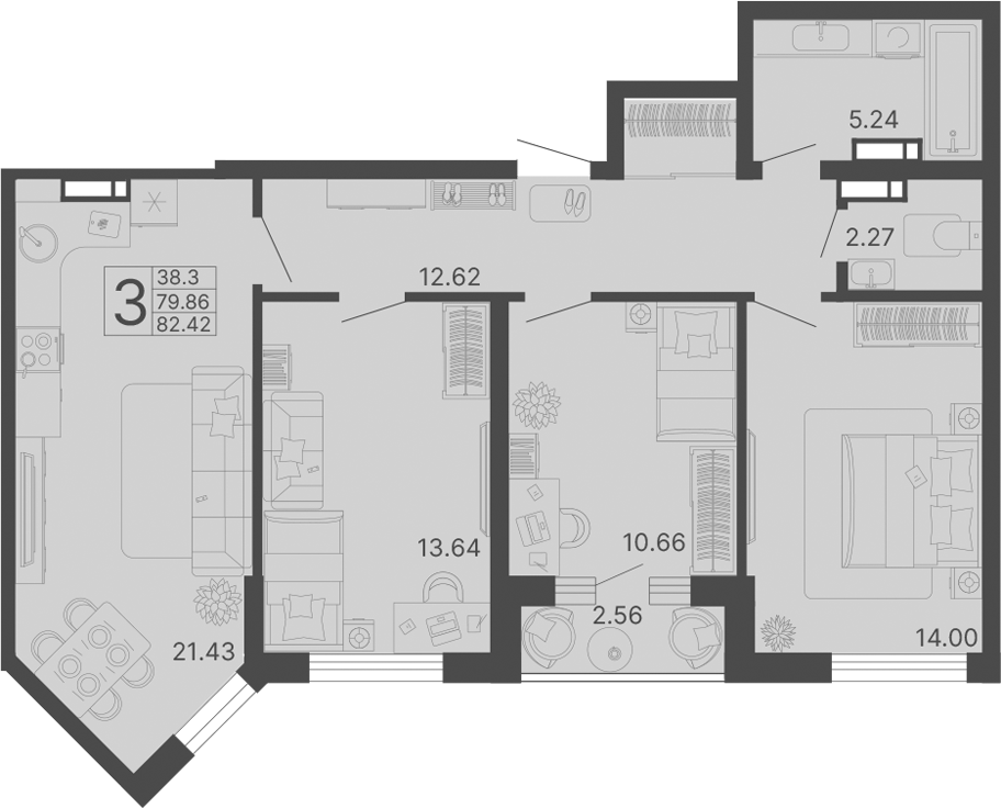 3-комн., 79.86 м², 6/17 этаж, ЖК «Светский лес»