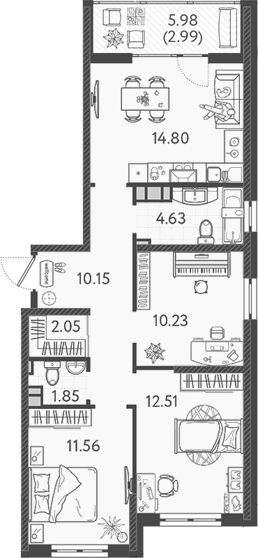 3-комн., 67.5 м², 2/9 этаж, ЖК «Друзья»