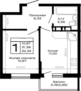 1-комн., 31.38 м², 16/16 этаж, ЖК «Горные высоты»