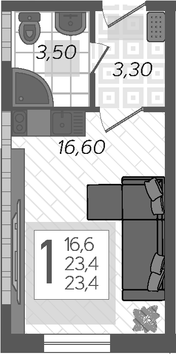 Студия, 23.4 м², 1/12 этаж, ЖК «Летний»