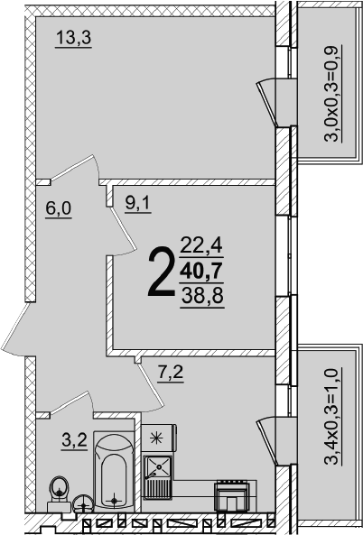 2-комн., 38.8 м², 4/5 этаж, ЖК «Дарград»